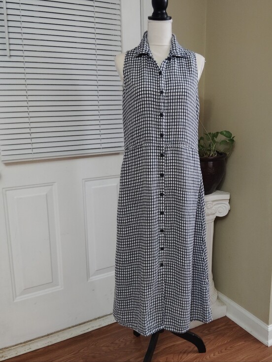 Flax Dresses & Skirts - Flax Women's Dress Gingham Midi Sleeveless Collared 100% Linen Button Front Sz S